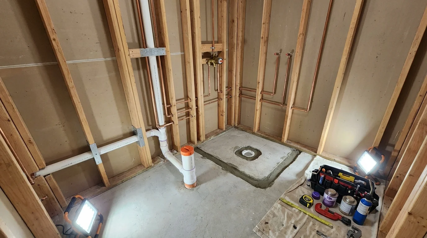 Bathroom rough-in plumbing during remodel by Johns Plumbing LLC in Inkster