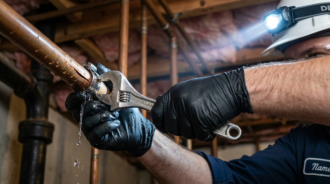Emergency pipe clamp repair being performed by a Johns Plumbing LLC plumber in Inkster