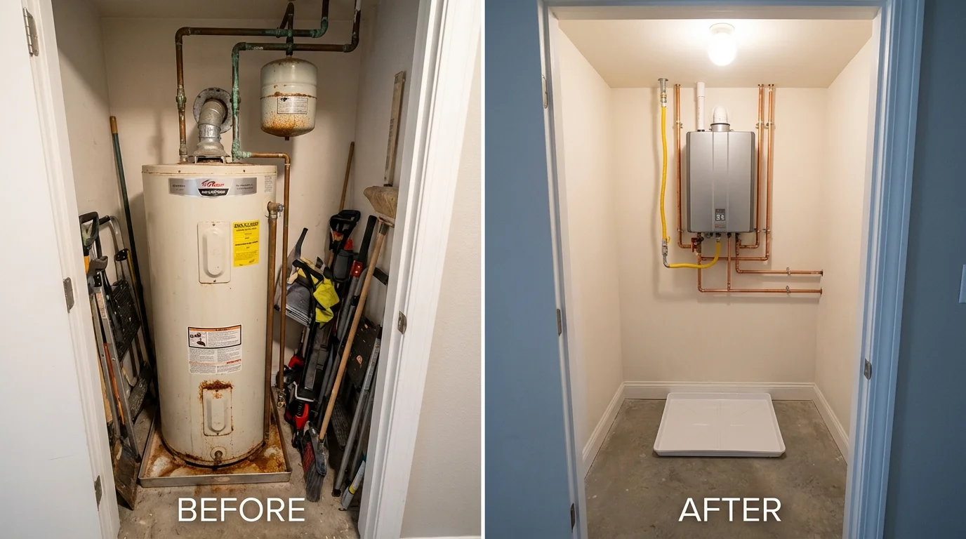 Tank water heater versus wall-mounted tankless unit comparison for Inkster, MI homeowners