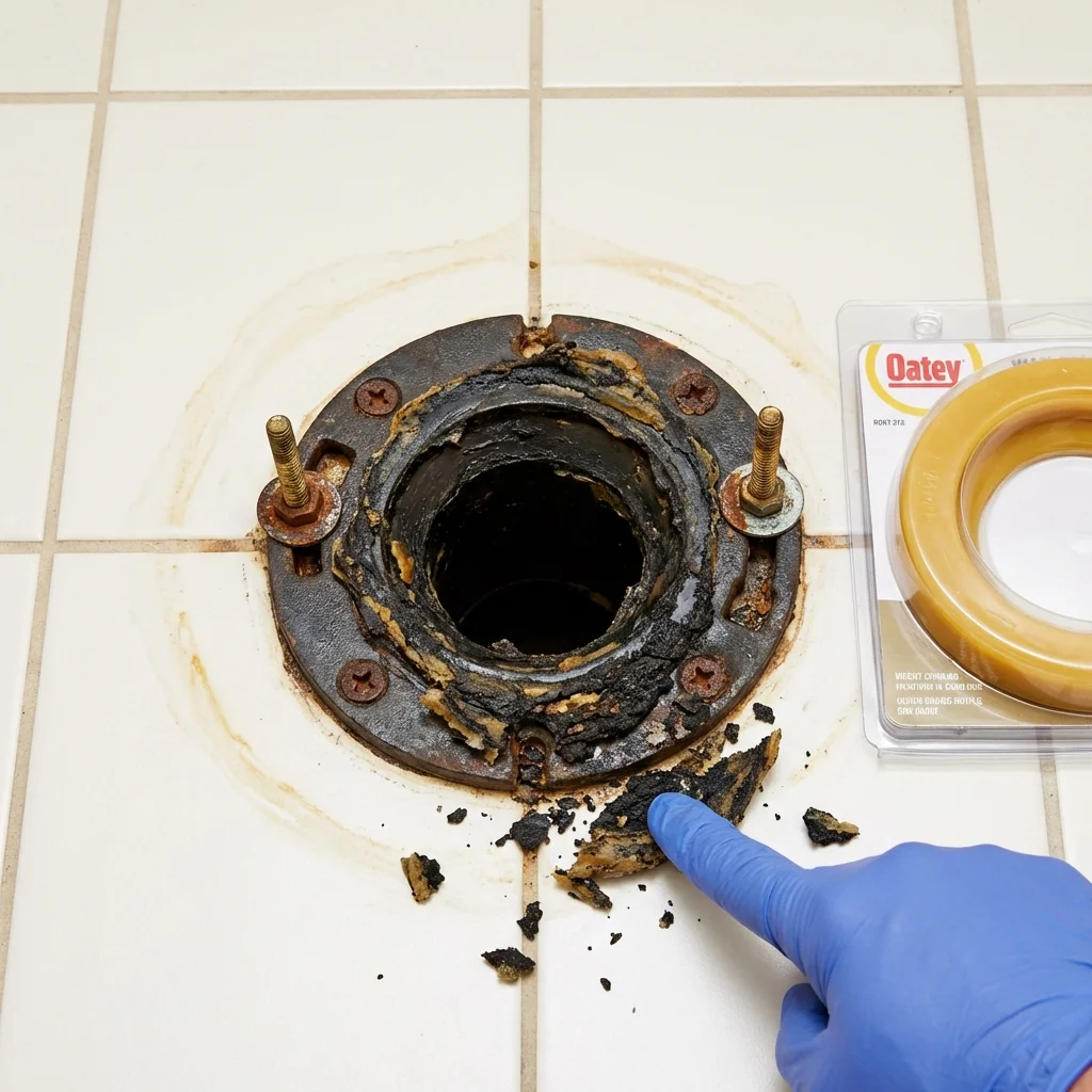 Failed wax ring showing water seepage at the base of a toilet in a Inkster, MI home